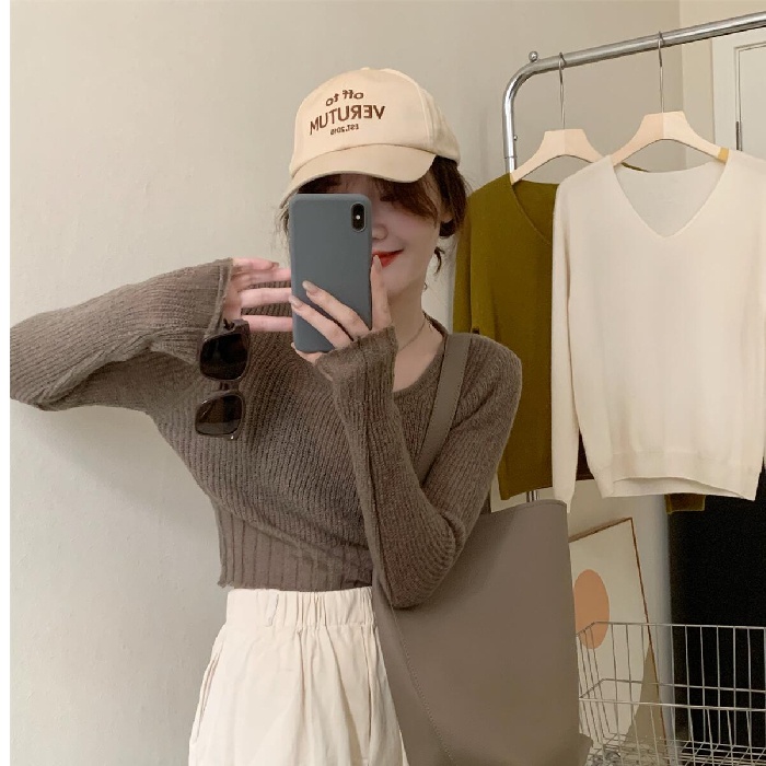 Áo len ZHELIHANGFEI tay dài dáng rộng lưng cao quyến rũ dễ phối đồ cho nữ