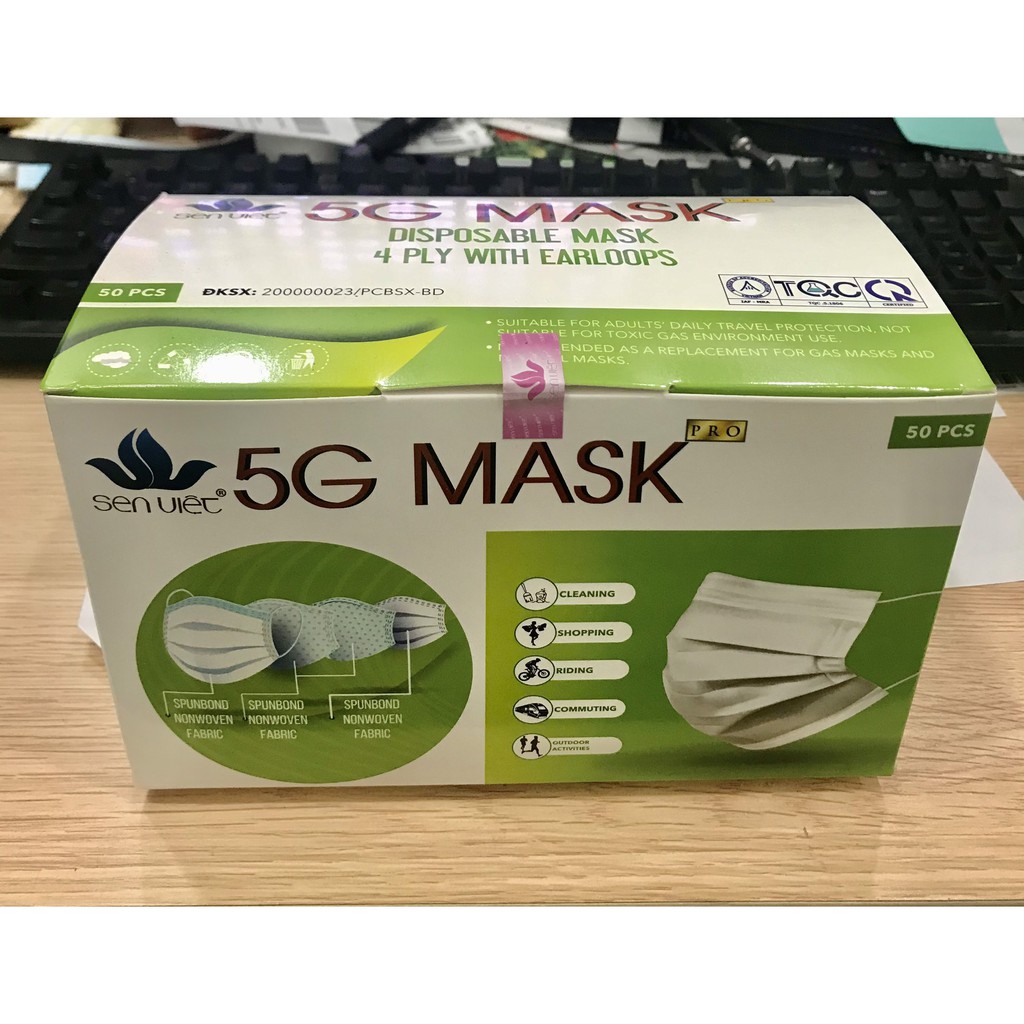 Khẩu Trang Y Tế 4 Lớp 5G Mask Pro - Sen Việt - hộp 50 cái màu xanh