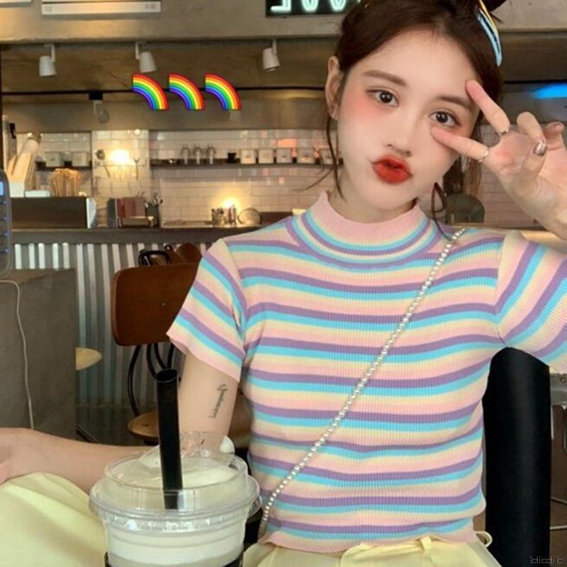 Áo thun croptop tay ngắn họa tiết kẻ sọc trẻ trung cho nữ