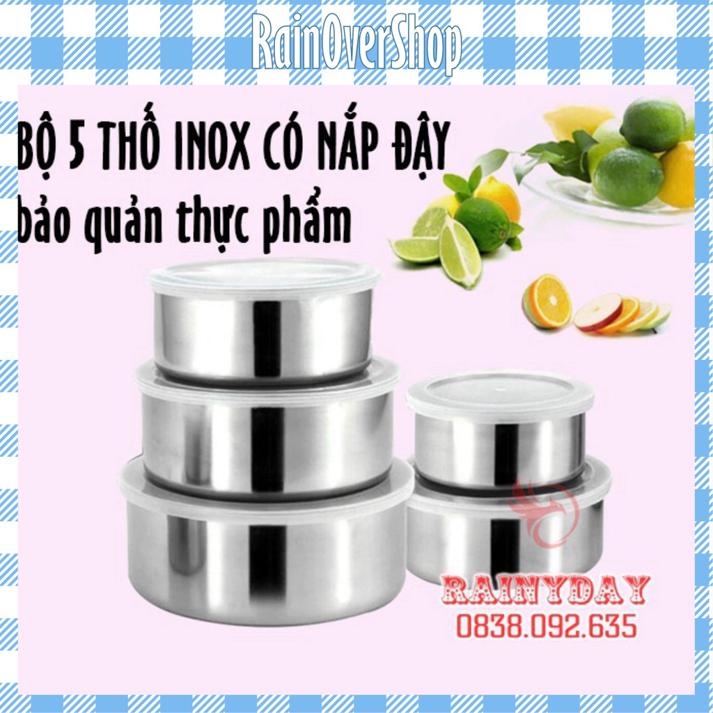 Bộ 5 hộp thố inox đựng bảo quản thực phẩm thức ăn trong tủ lạnh có nắp đậy silicon hút chân không