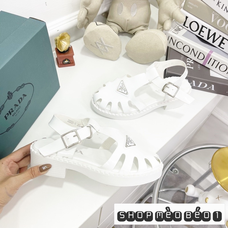 Sandal prd giọ da bóng gót vuông fullbox