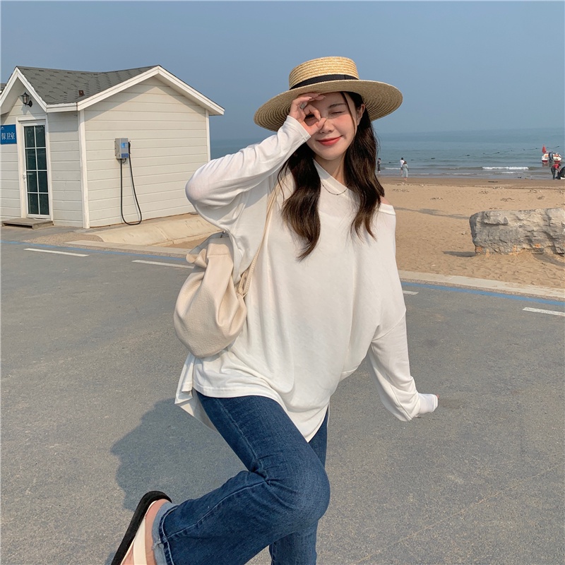 Áo Thun Tay Dài Dáng Rộng Xẻ Tà Kiểu Hàn Quốc Thời Trang Mùa Thu Cho Nữ