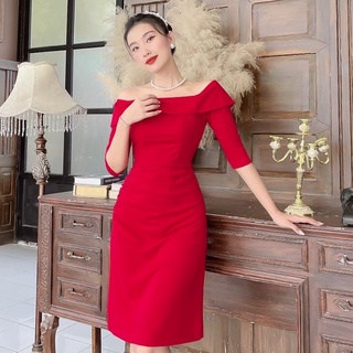 Đầm Đi Tiệc NHẬT VY Trễ Vai Tay Dài Chất Thun Dáng Ôm Body Màu Xanh Đen, Đỏ - D2219