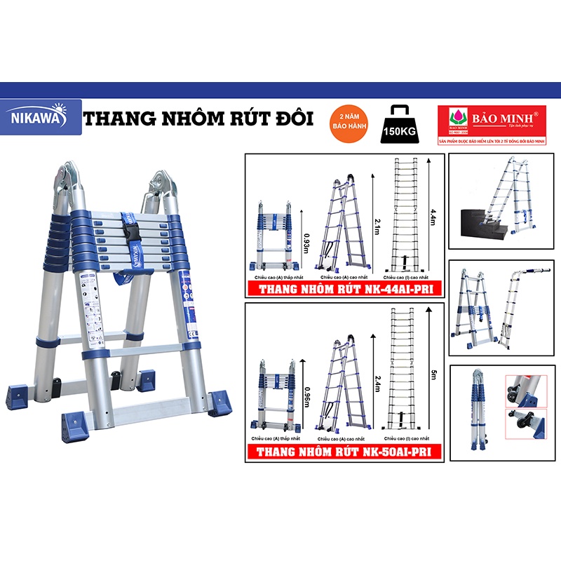 Thang nhôm, thang rút đôi, thang chữ A Nikawa NK-50AI-Pri, 8 bậc, thương hiệu Nhật, bảo hành chính hãng