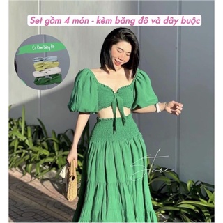 4 món kèm băng đô và dây buộc Sét đầm maxi đi biển nhún xoè váy xanh lá dài dáng dài