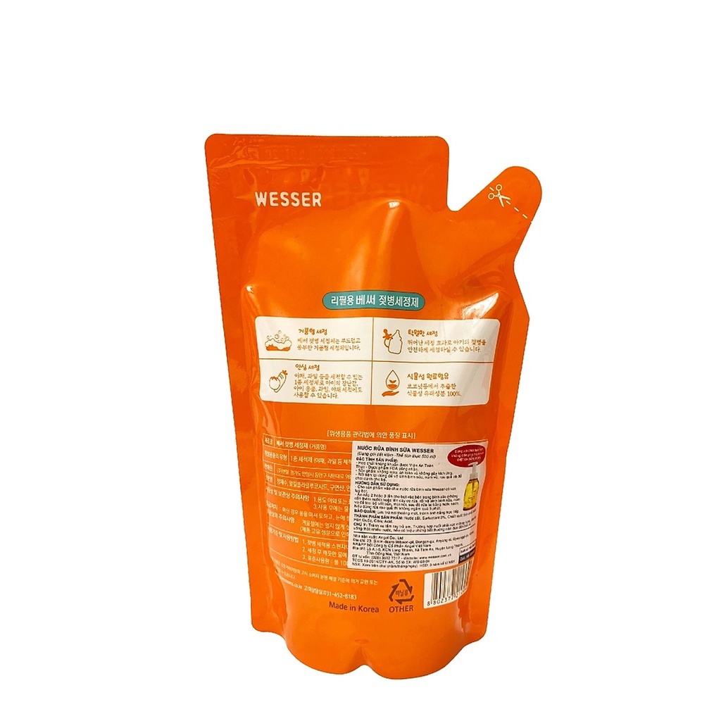 Nước Rửa Bình và Rau Củ Qủa Wesser Túi 500ml- Xuất Xứ Hàn Quốc