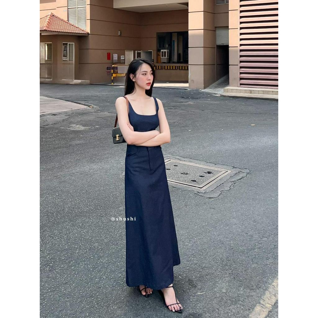 SET ÁO CROPTOP BRA JEAN 2 DÂY + CHÂN VÁY MIDI JEAN SUÔNG