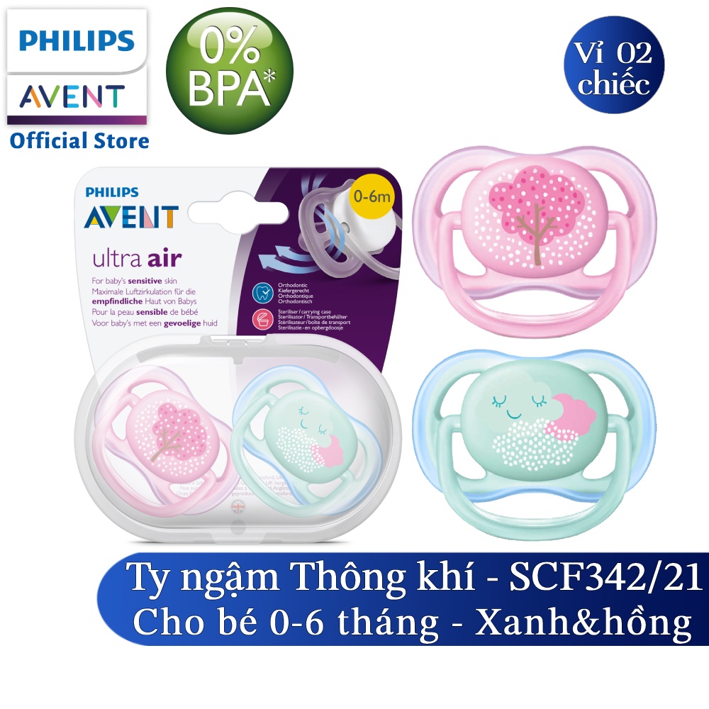 Núm ty ngậm thông khí Phillips Avent cho trẻ 0-6 tháng tuổi (vỉ đôi)-Phiên bản hiện đại SCF342/21