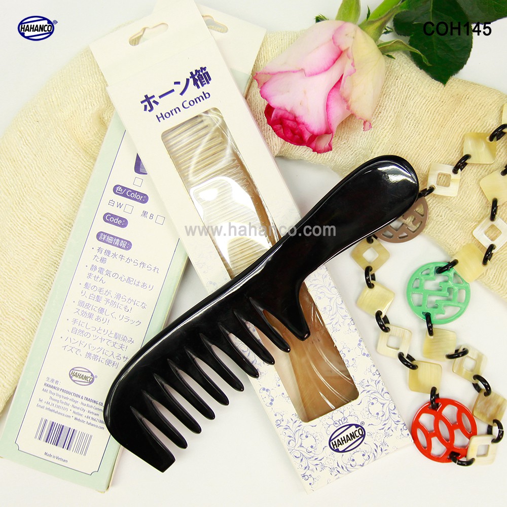 Lược Sừng răng thưa chải tóc xoăn, xù, rối (Size: L - 19cm) Massage đầu -COH145 -Horn Comb of HAHANCO