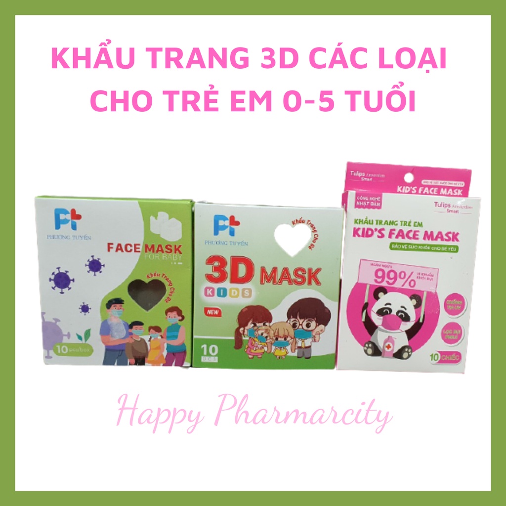 Khẩu trang y tế 3D cho trẻ 0-5 tuổi nhiều loại, nhiều màu, nhiều hình, hộp 10 cái - Happy Pharmacity