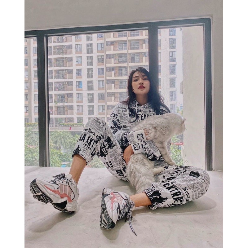 bộ thể thao nỉ nữ thụng rộng in tờ báo kA chất đẹp