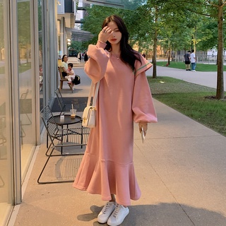 ▨ↂ✠Kích thước cực lớn 300 jin béo mm váy đuôi cá của phụ nữ mùa thu dày rộng rãi dài tay trên đầu gối váy áo len xù