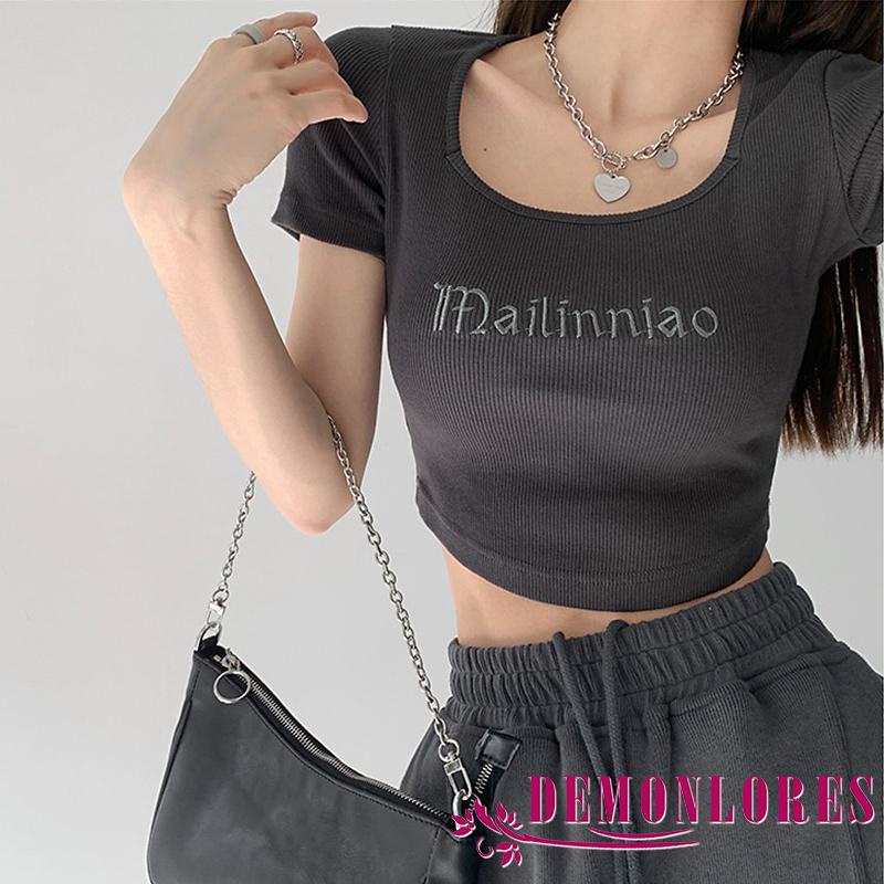 Áo Croptop Dệt Kim Tay Ngắn Cổ Vuông Thêu Chữ Thời Trang Mùa Hè Cho Nữ