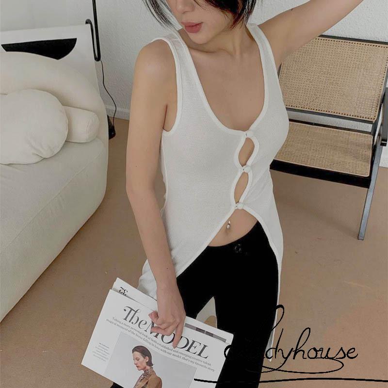 LD-Women Summer Sleeveless Vest, Solid Color U-Neck Front Hollow Out Slit Hem Slim Fit Mid-Length Tank Tops