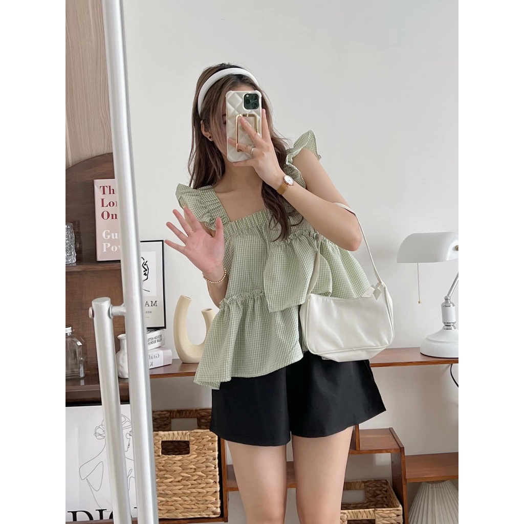 Set áo 2 dây bản to cổ vuông dáng babydoll quần short cạp cao SE028