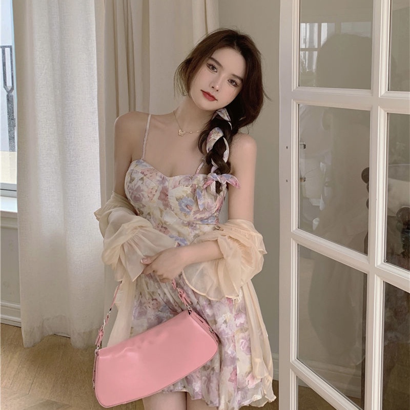 Áo khoác chống nắng/ Đầm hai dây Perty họa tiết hoa phong cách hàn quốc thanh lịch cho nữ
