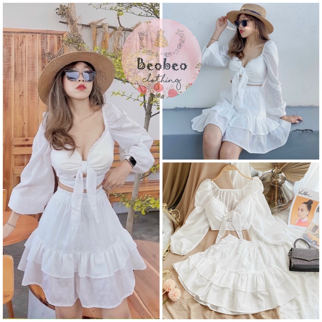 Set áo croptop nơ ngực xô hoa nhí kèm chân váy ngắn xoè