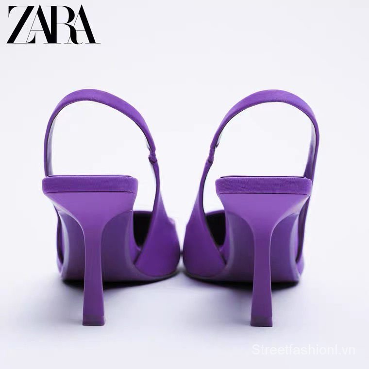 Giày cao gót slingback Zara mũi nhọn chất liệu vải màu tím thời trang mùa hè 2021 mới cho nữ