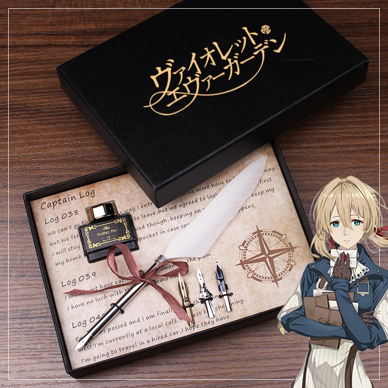 Bộ Bút Lông Vũ Tím Phong Cách Anime Violet Evergarden Dùng Làm Quà Tặng