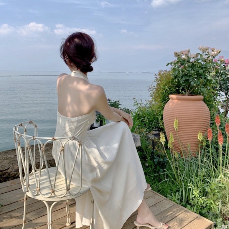 Váy đi biển trắng LUHAZO nữ đẹp maxi 2 dây dài rộng bigsize Hàn Quốc vintage cổ vuông babydoll hở lưng 8516 DK7T101