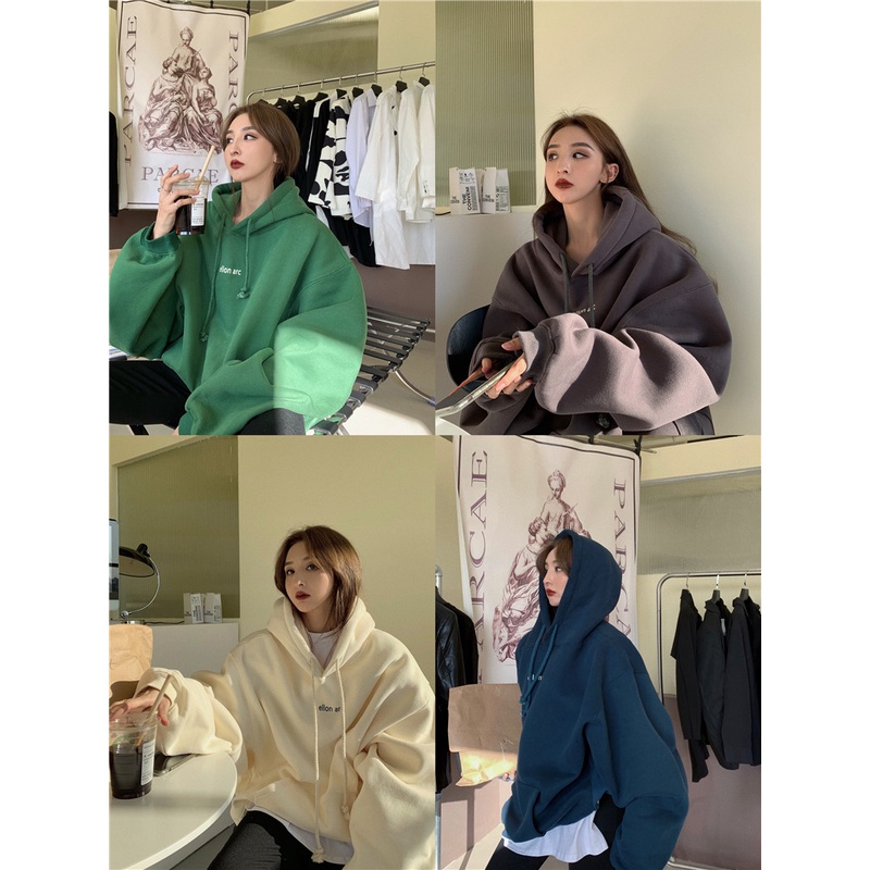 Áo hoodie bằng cotton dáng rộng dài có mũ trùm đầu thời trang