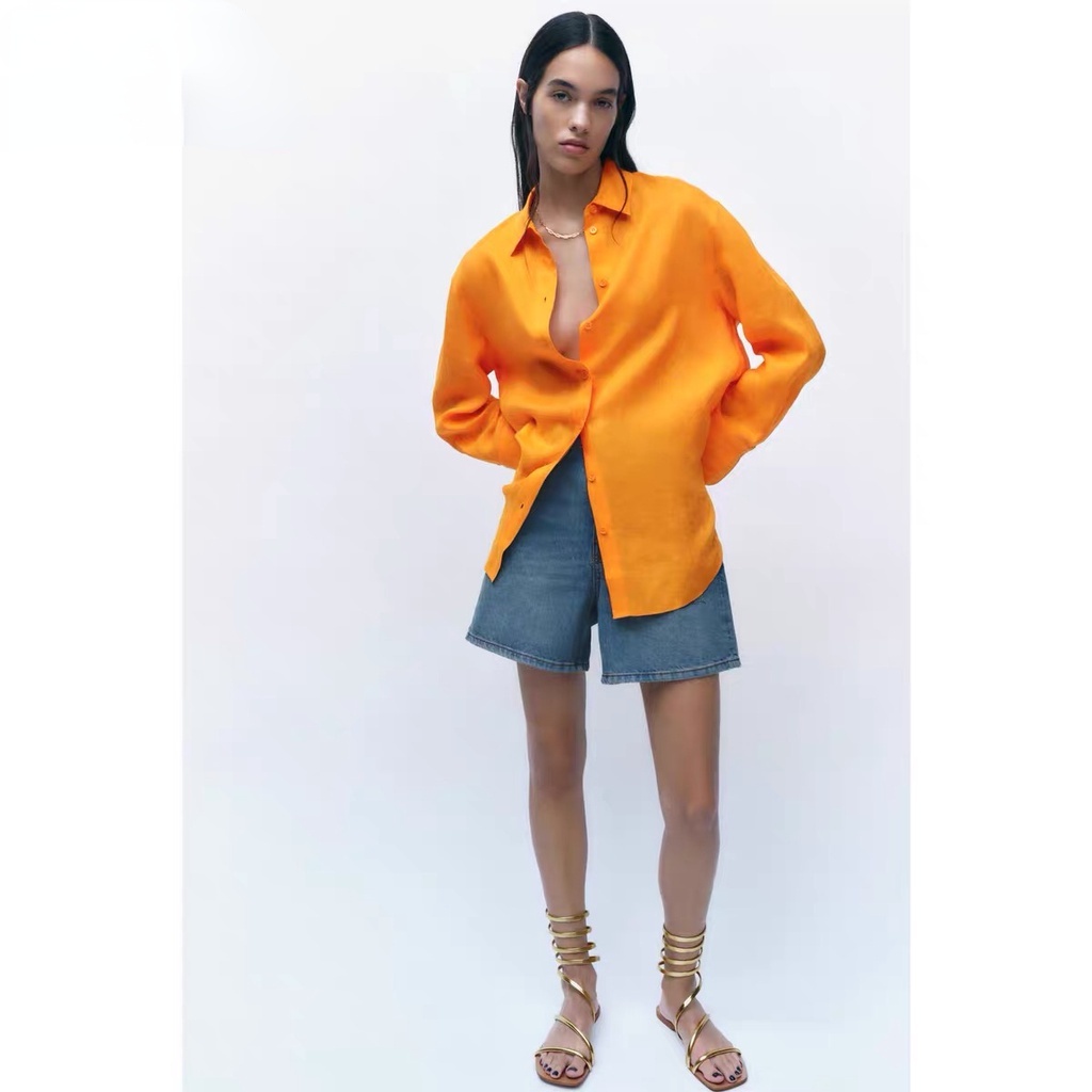 Zara Áo Sơ Mi Vải Lanh Dài Tay Thời Trang Mùa Xuân Cho Nữ