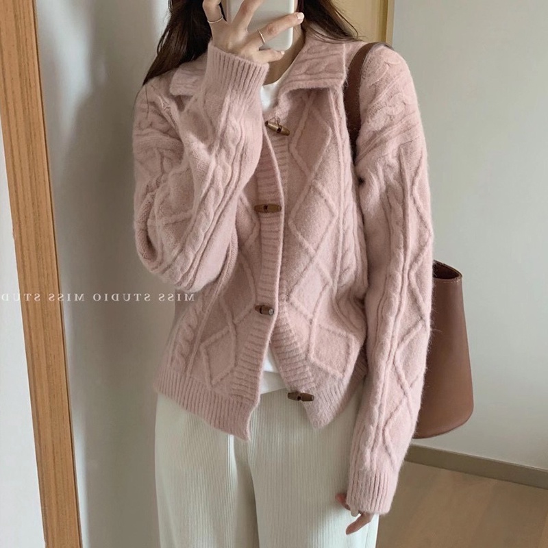 Hàng Sẵn_ Áo khoác len mùa thu retro áo len dệt kim màu xoắn