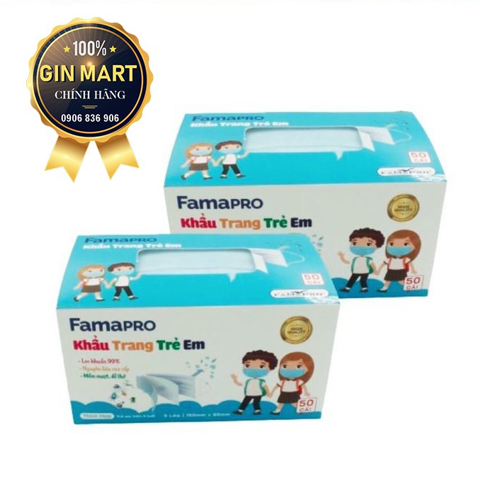 Hộp 50 cái khẩu trang y tế trẻ em (từ 4 tuổi) thương hiệu FAMAPRO MAX KID