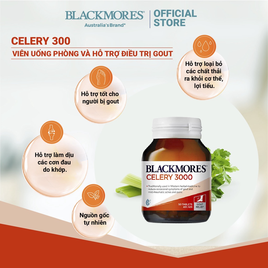 Viên uống hỗ trợ làm giảm và phòng ngừa các cơn đau do Gout Blackmores Celery 3000mg 50 viên của Úc