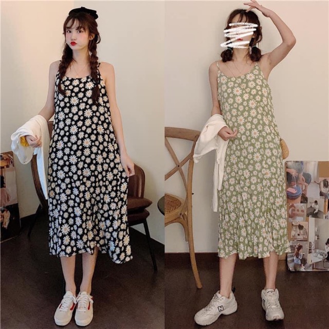 Váy hoa cúc 2 dây- 2 màu đen và xanh coban- hàng sẵn