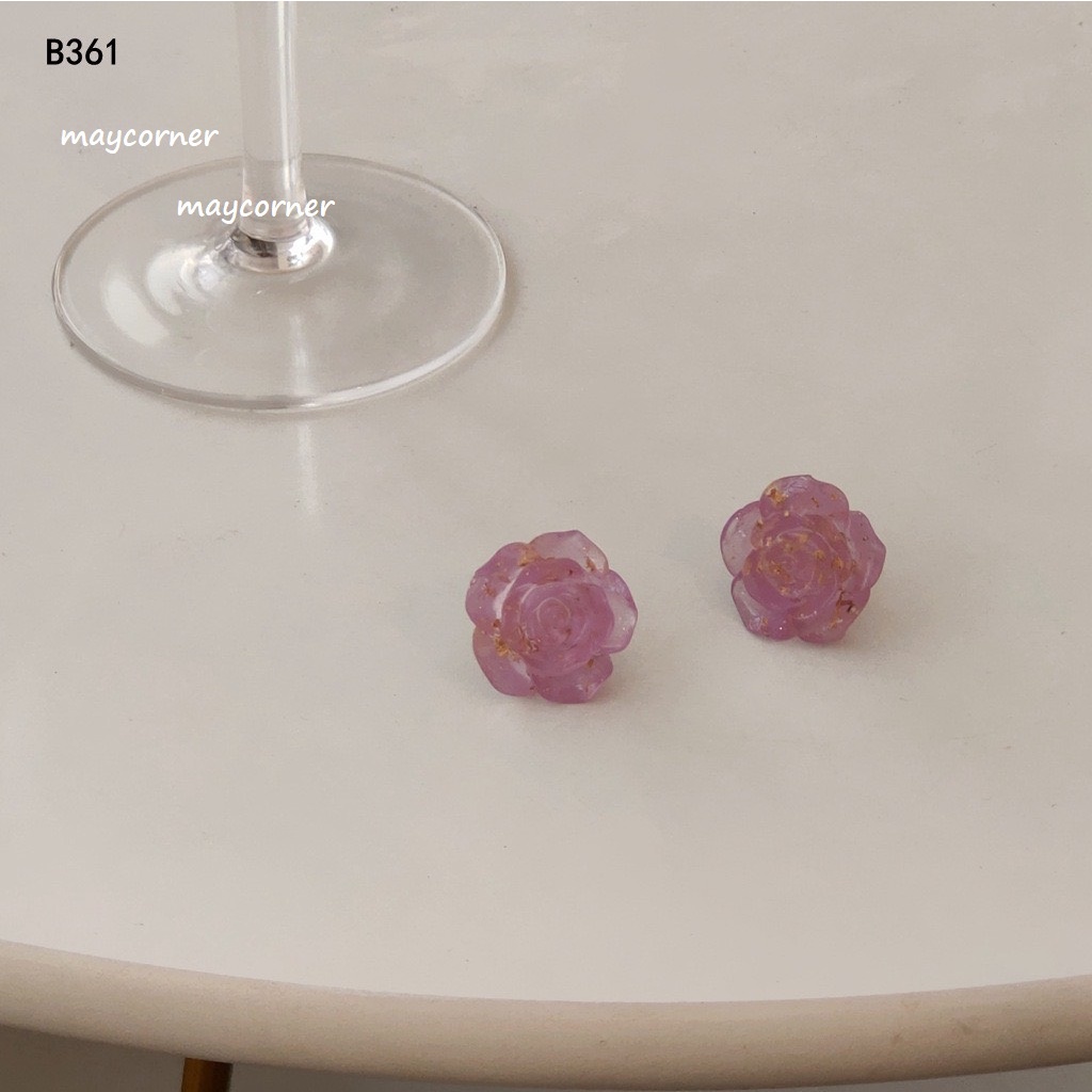 Khuyên tai hoa hồng tím trong kim tuyến Chốt mạ bạc 925 ao cấp B361