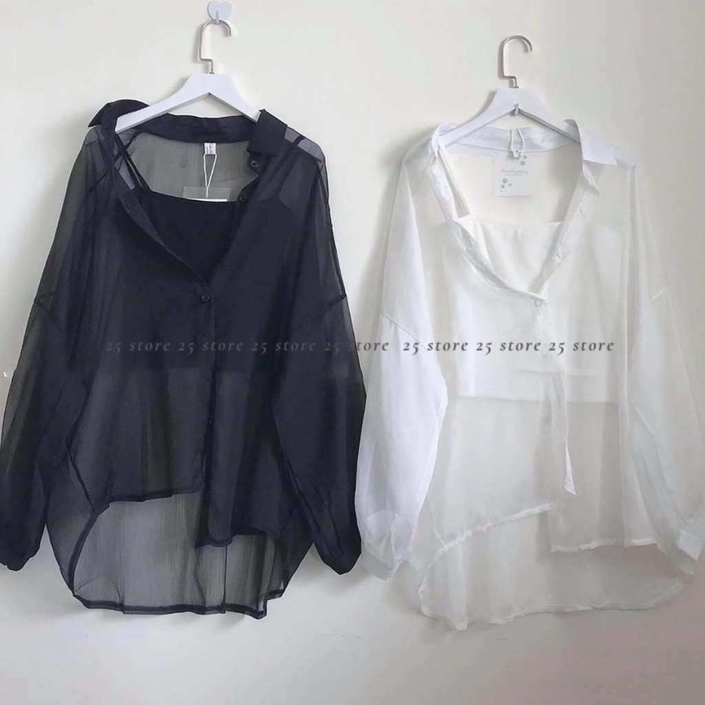 Set áo sơ mi voan mỏng kèm áo 2 dây thun bozip êm đẹp
