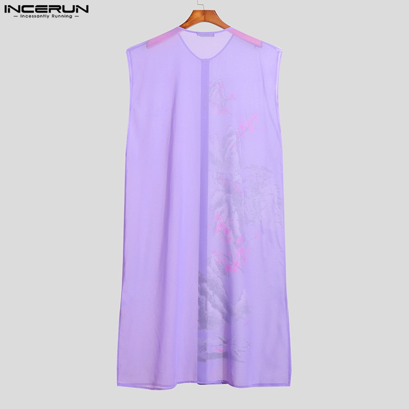 Áo kimono INCERUN không tay dáng dài rộng họa tiết hoa phong cách cổ điển Trung Quốc cho nam