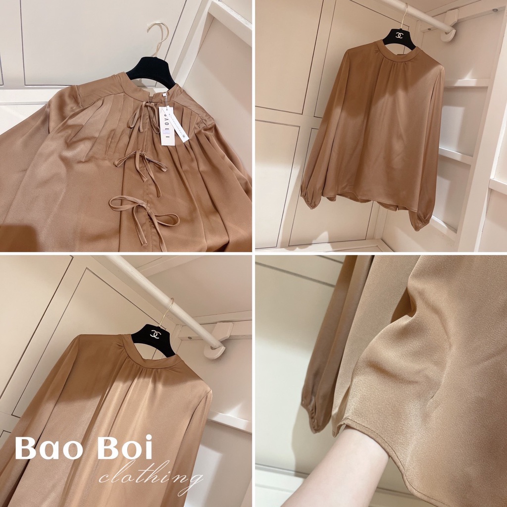 Áo sơ mi nữ lụa form rộng công sở kiểu tay phồng thắt nơ lưng hàng thiết kế cao cấp hottrend đẹp LICA - A32