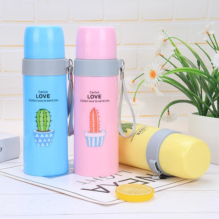 Bình nước bò 2 lớp 500ml BN24 chai nước xương rồng cute dễ thương