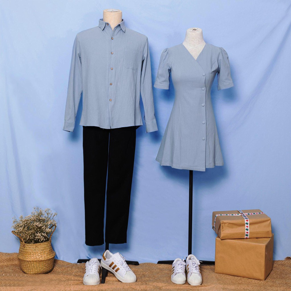 NEW Mùa hè Đồ đôi nam nữ đẹp [FREESHIP] Set váy áo đôi sơ mi chụp cưới Hàn Quốc Couple màu xanh AV24
