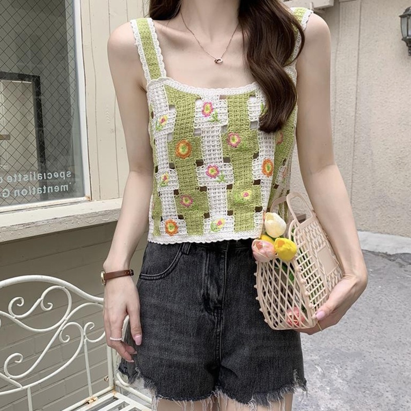 Áo Croptop Dệt Kim Khoét Rỗng Thêu Hoa Thời Trang Cho Nữ