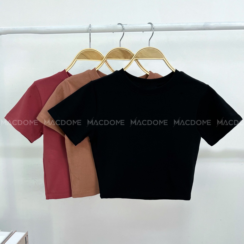 Áo croptop MACDOME cổ tròn cộc tay vải thun ôm body crotop nữ cotton co giãn tốt AC002