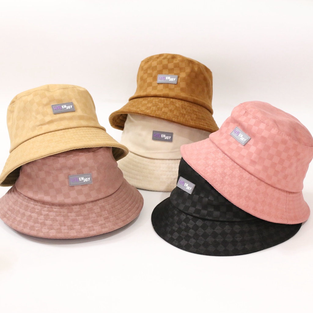 Mũ bucket ❤️ Nón tai bèo vành cụp phối tem cao su Let'enjoy chất nhung caro Ulzzang Thời trang AROMA siêu hot