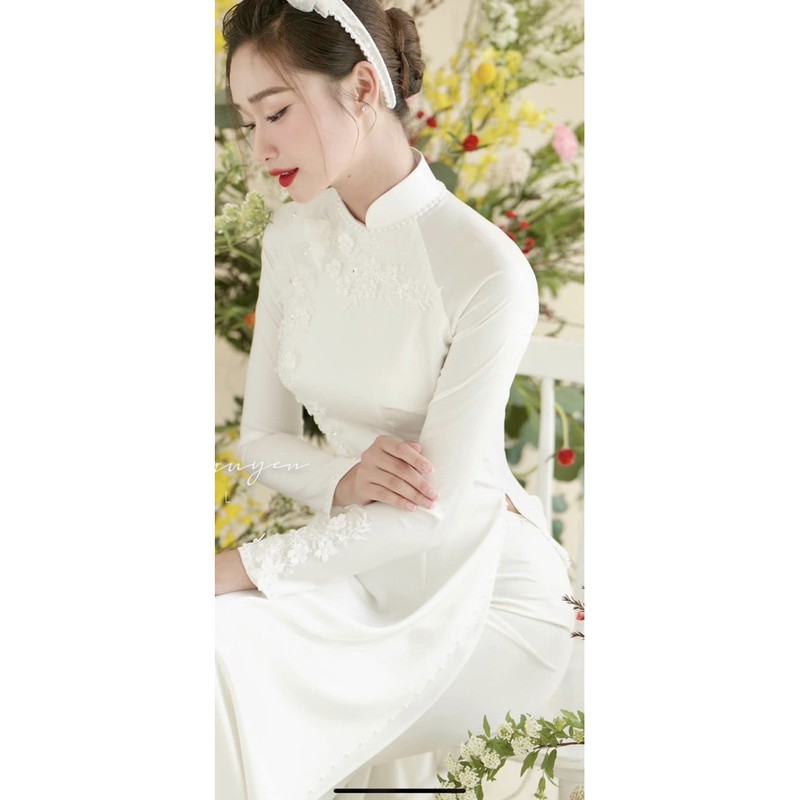 Mấn băng đô áo dài ngày cưới bờm đính hoa trắng hồng