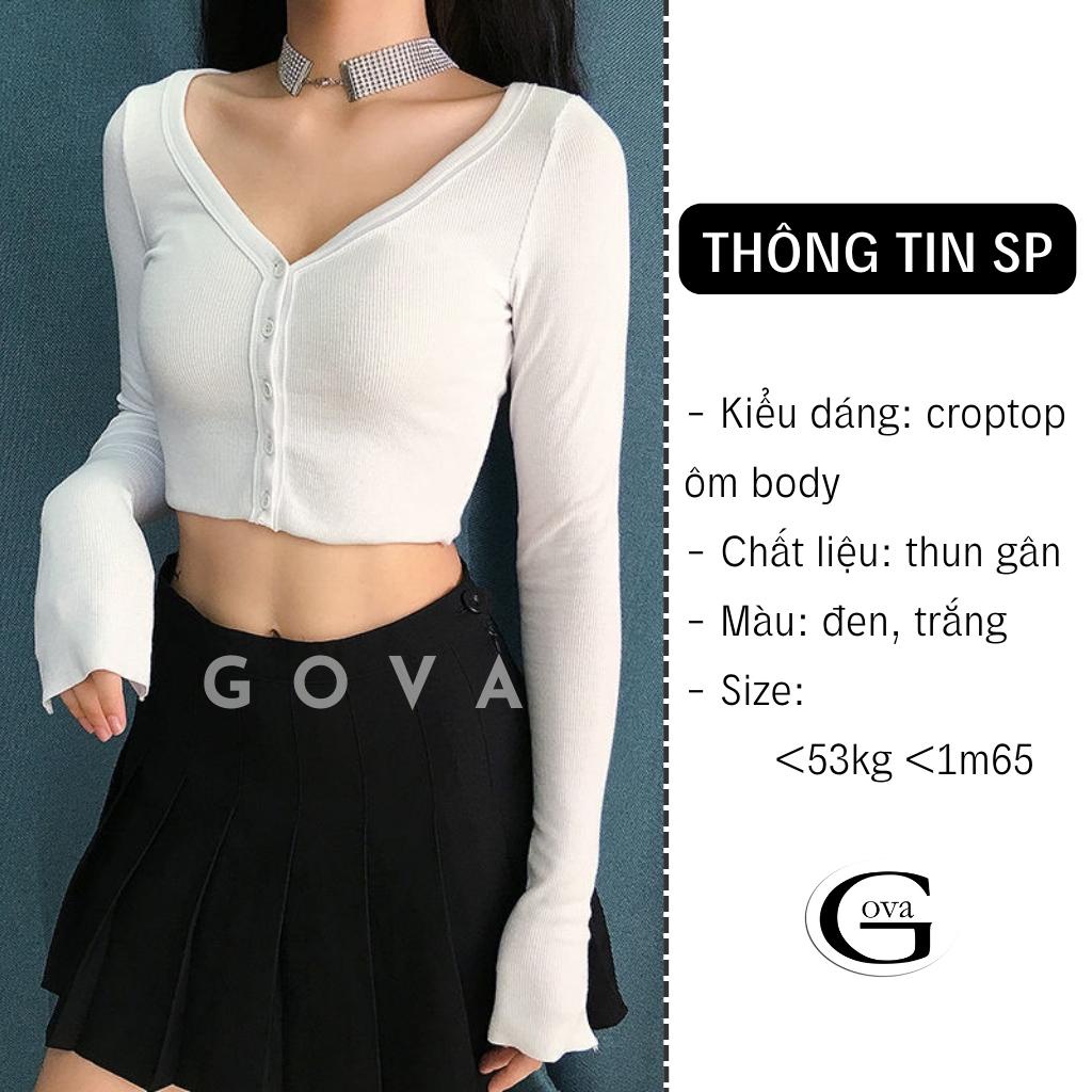 Áo Croptop CỔ TIM CÀI NÚT TAY DÀI Thun Gân Kiểu Sexy Nữ, Áo Thun Ôm Body Đẹp GOVA