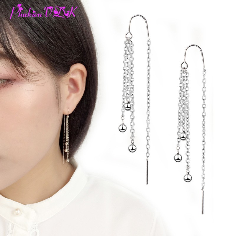 Bông tai nữ dáng dài tua rua dây xích hạt tròn MS301
