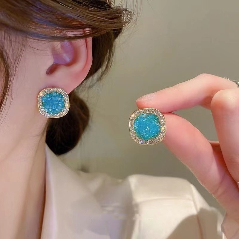 Khuyên Tai Hình Vuông Đính Đá Zircon Xanh Sang Trọng Cho Nữ