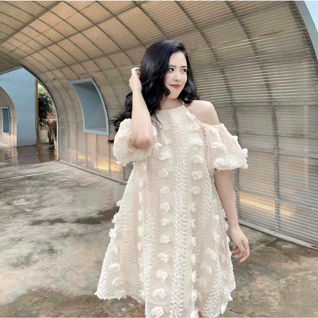 Váy Trễ Vai, Đầm Cổ Yếm Hở Vai Tay Phồng Rộng Dễ Thương, Mặc Đi Chơi, Siêu Hot Trend -O'Hana Clothings V014