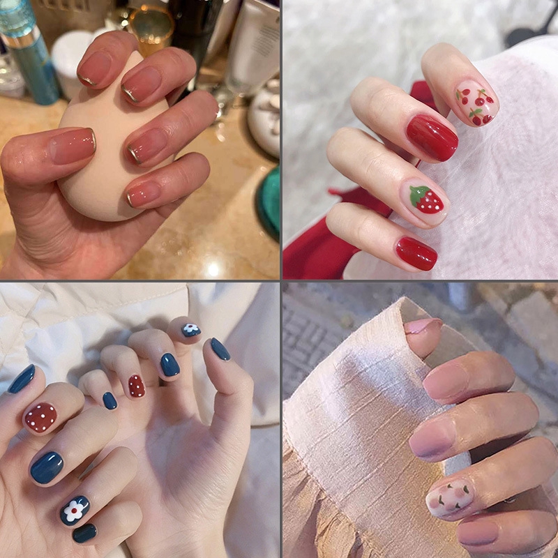 Set 24 Móng Tay Giả Trang Trí Nghệ Thuật Màu Trơn / In Trái Cây