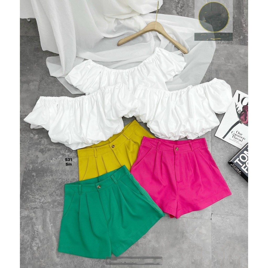 set áo trắng bẹt vai quần đùi màu sắc mẫu thời trang nữ siêu xinh m543 | BigBuy360 - bigbuy360.vn