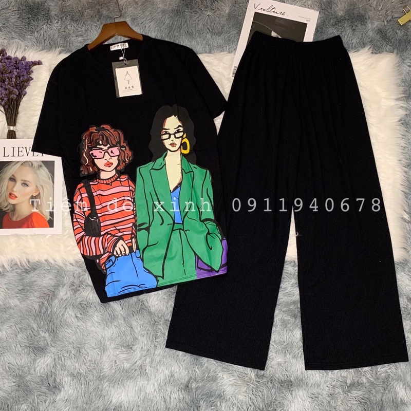 Set Áo Phông Nữ Cao Cấp 100% Cotton, Quần Rộng Ống Xuông Nữ Len Tăm Mềm Mịn