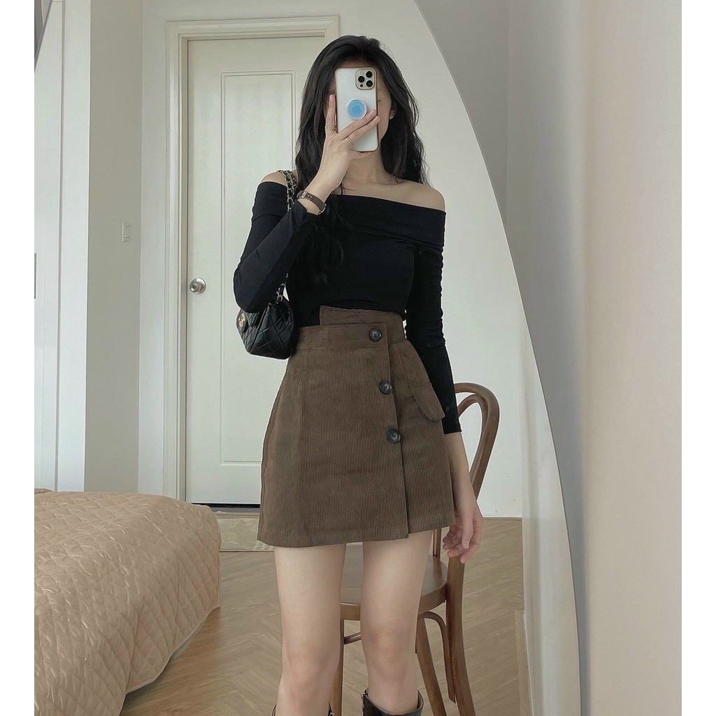 Chân váy nhung tăm dáng ngắn hàng QC vạt lệch Okella CV017 | BigBuy360 - bigbuy360.vn