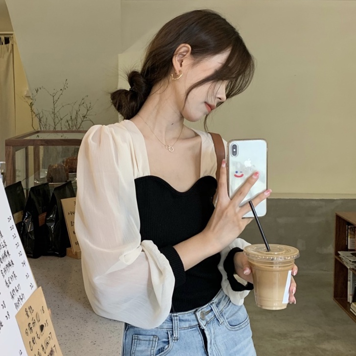 Áo dệt kim mỏng tay phồng dài cổ vuông phong cách Hàn Quốc cho nữ