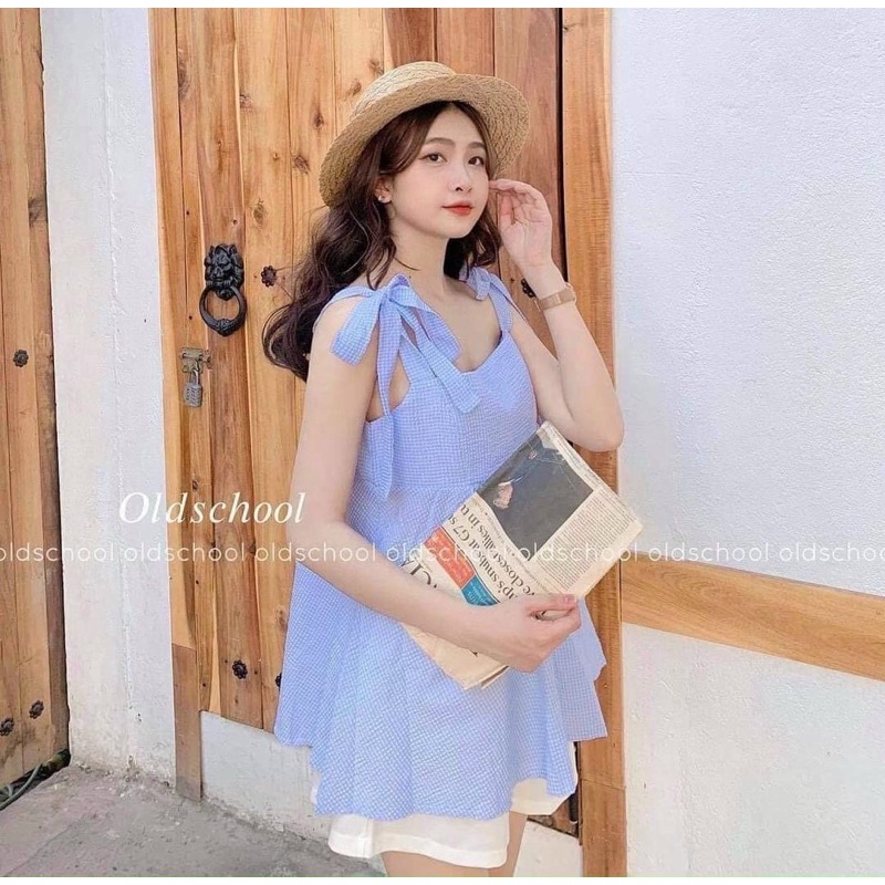 Set áo Babydoll 2 Dây Kẻ Caro Hàn Quốc Tiểu thư + Quần Short Trắng - Xanh Đen Nâu